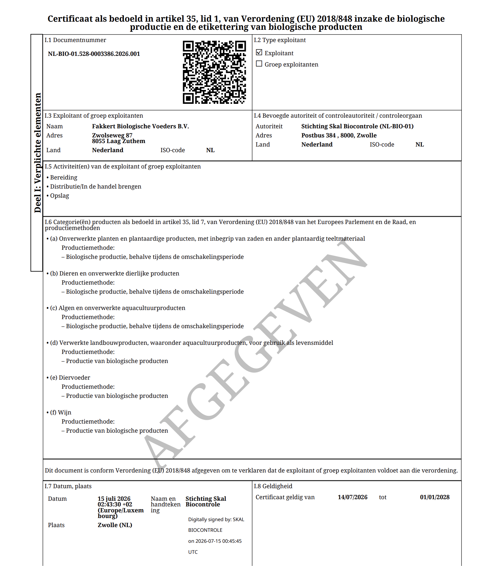 Skal certificaat Fakkert Biologisch